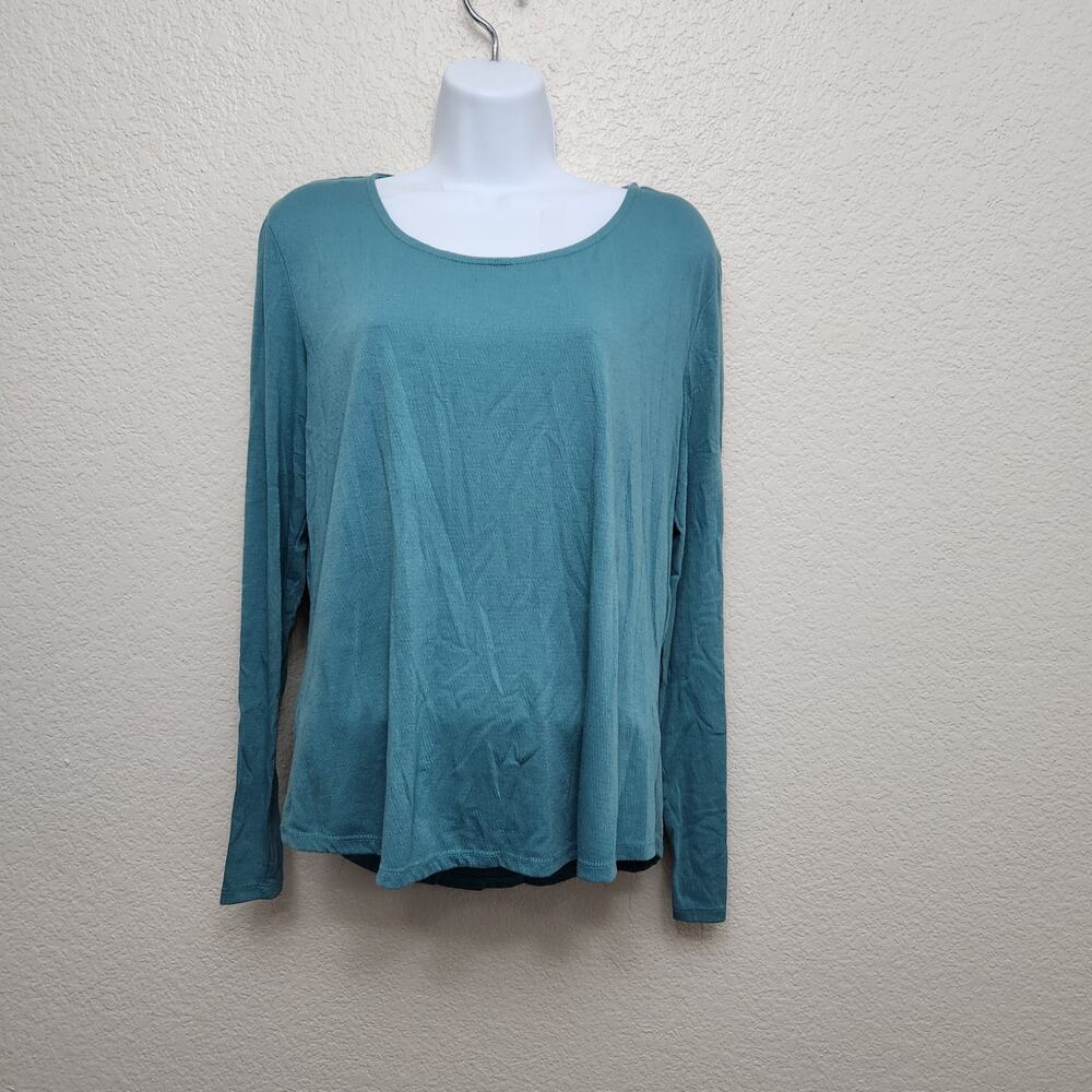 Simply Styled Blue Green Thermal Style Round Neck Long Sleeve Top Small Hi Low